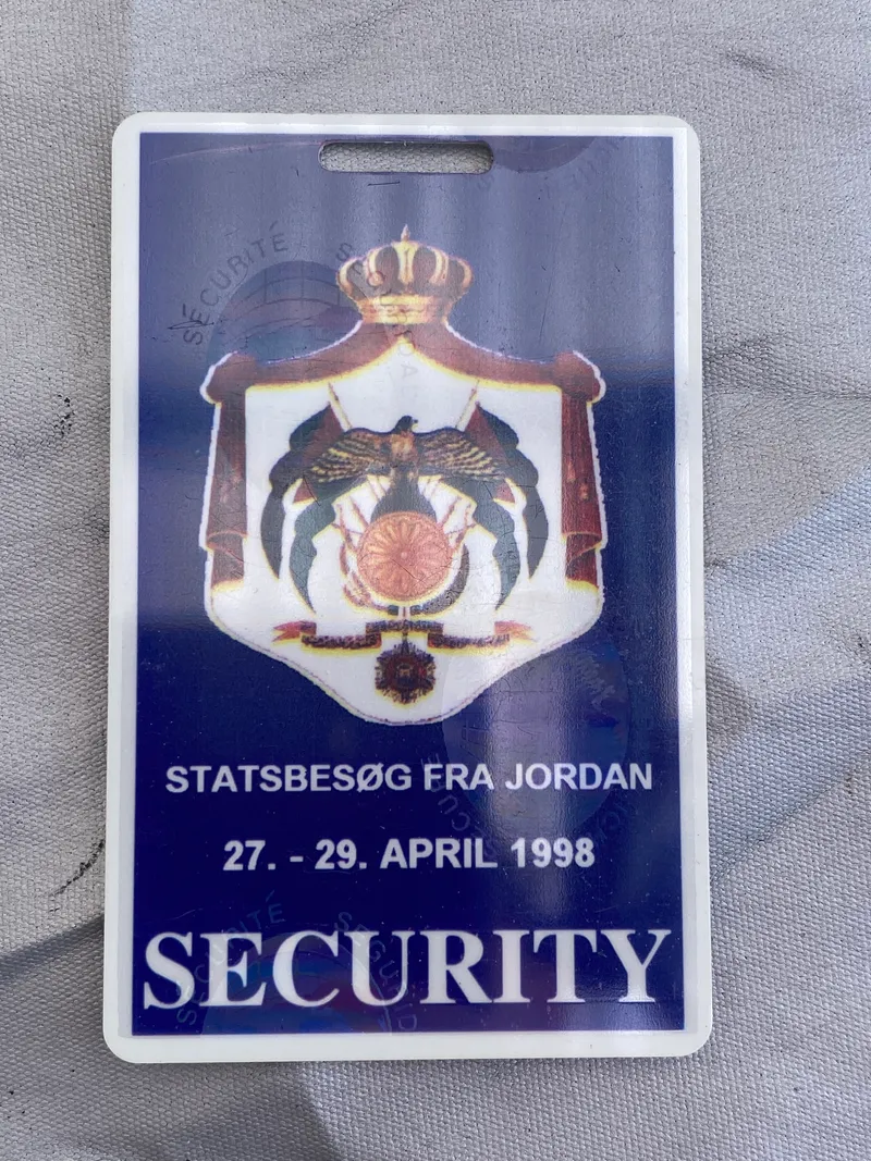 Ekstremt sjælden id Security kort fra statsbesøget fra Jordan i 1998
