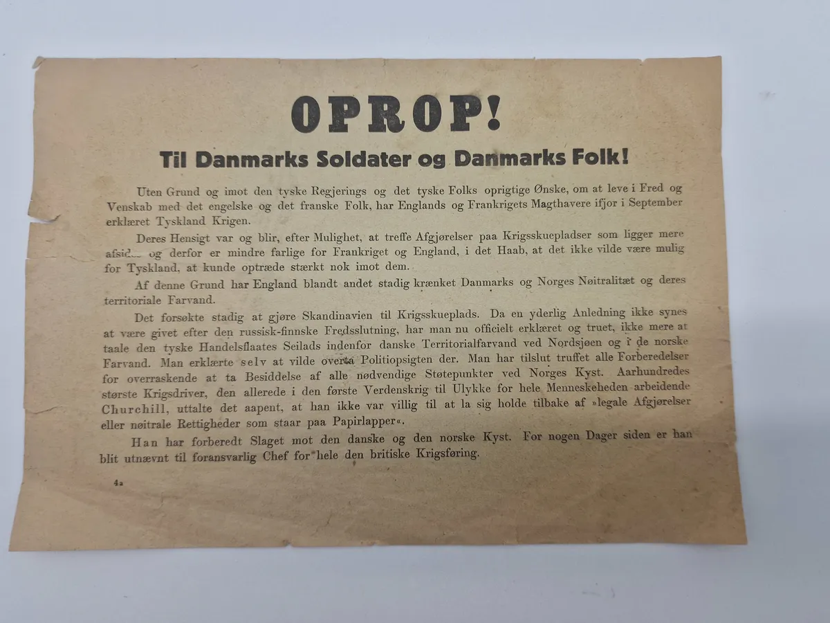 Originalt Oprop - nedkastet over Danmark 9.april 1940