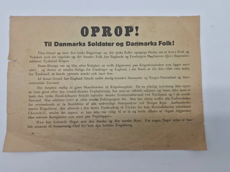 Originalt Oprop - nedkastet over Danmark 9.april 1940
