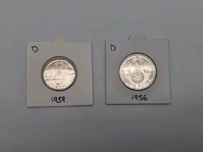 To stk originale 2 & 5 Reichmark af sølv