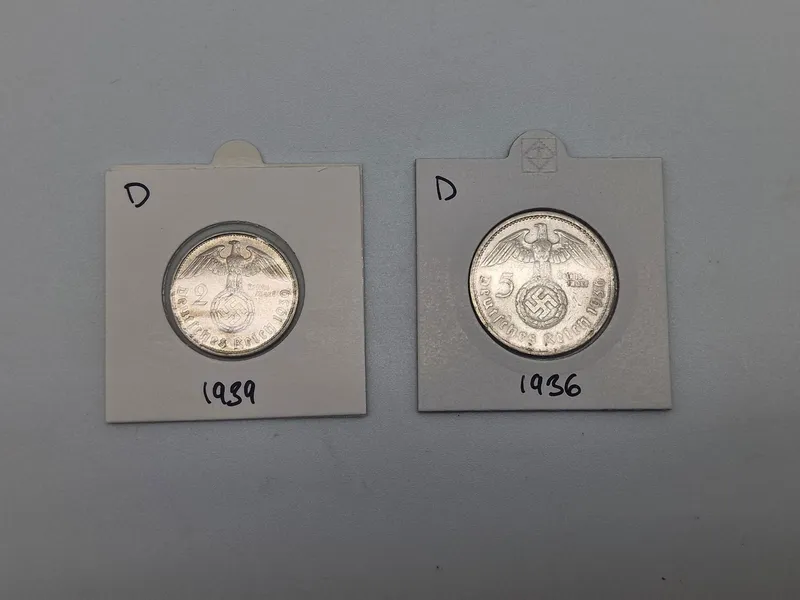 To stk originale 2 & 5 Reichmark af sølv