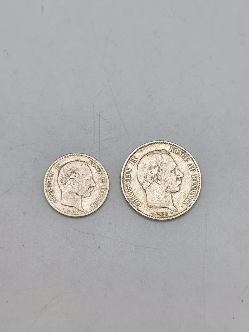 To stk originale danske sølvmønter 1 & 2 krone (1875-1876)