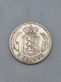 To stk originale danske sølvmønter 1 & 2 krone (1875-1876)