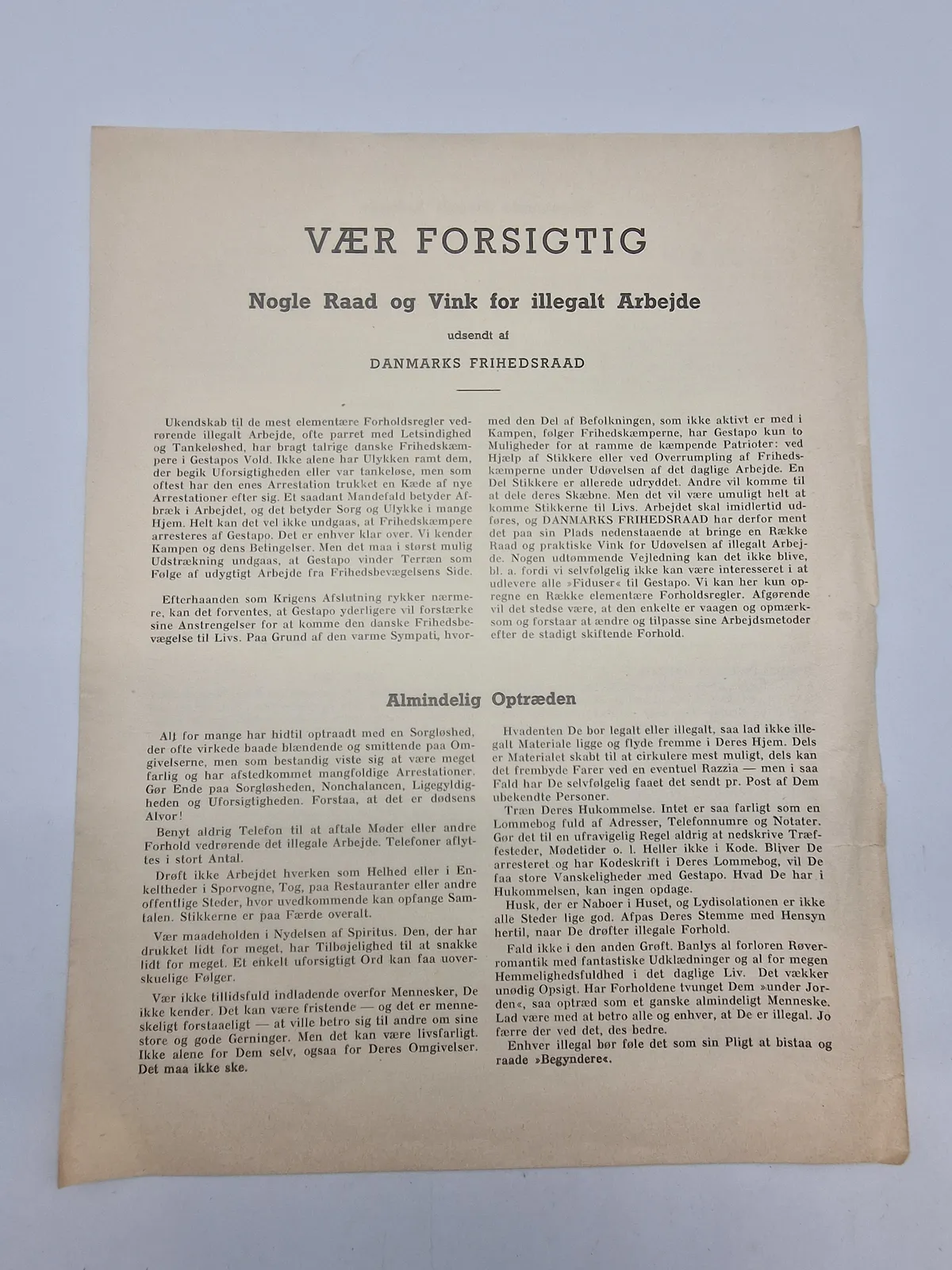 Original pjece med forsigtigheds regler for illegalt arbejde