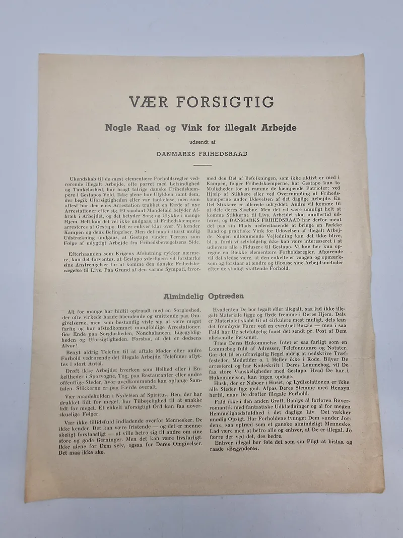 Original pjece med forsigtigheds regler for illegalt arbejde