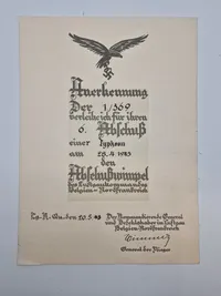 Sjældent originalt Luftwaffe WW2  urkunde for nedskydning af Typhoon fly