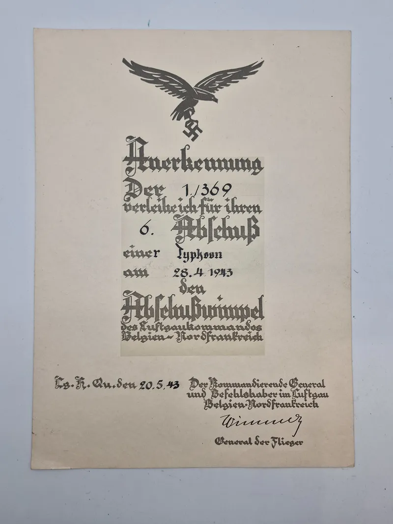 Sjældent originalt Luftwaffe WW2  urkunde for nedskydning af Typhoon fly