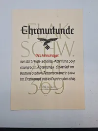 Originalt tysk Luftwaffe (flak) ehrenurkunde