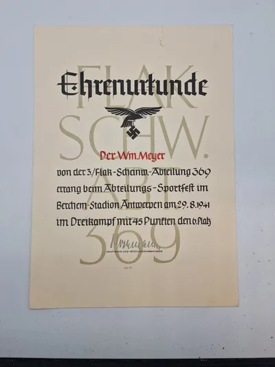 Originalt tysk Luftwaffe (flak) ehrenurkunde