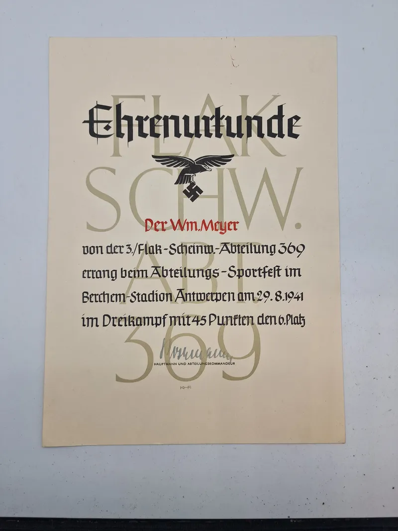 Originalt tysk Luftwaffe (flak) ehrenurkunde