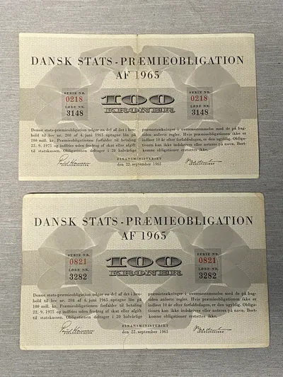 To stk originale danske præmie obligationer
