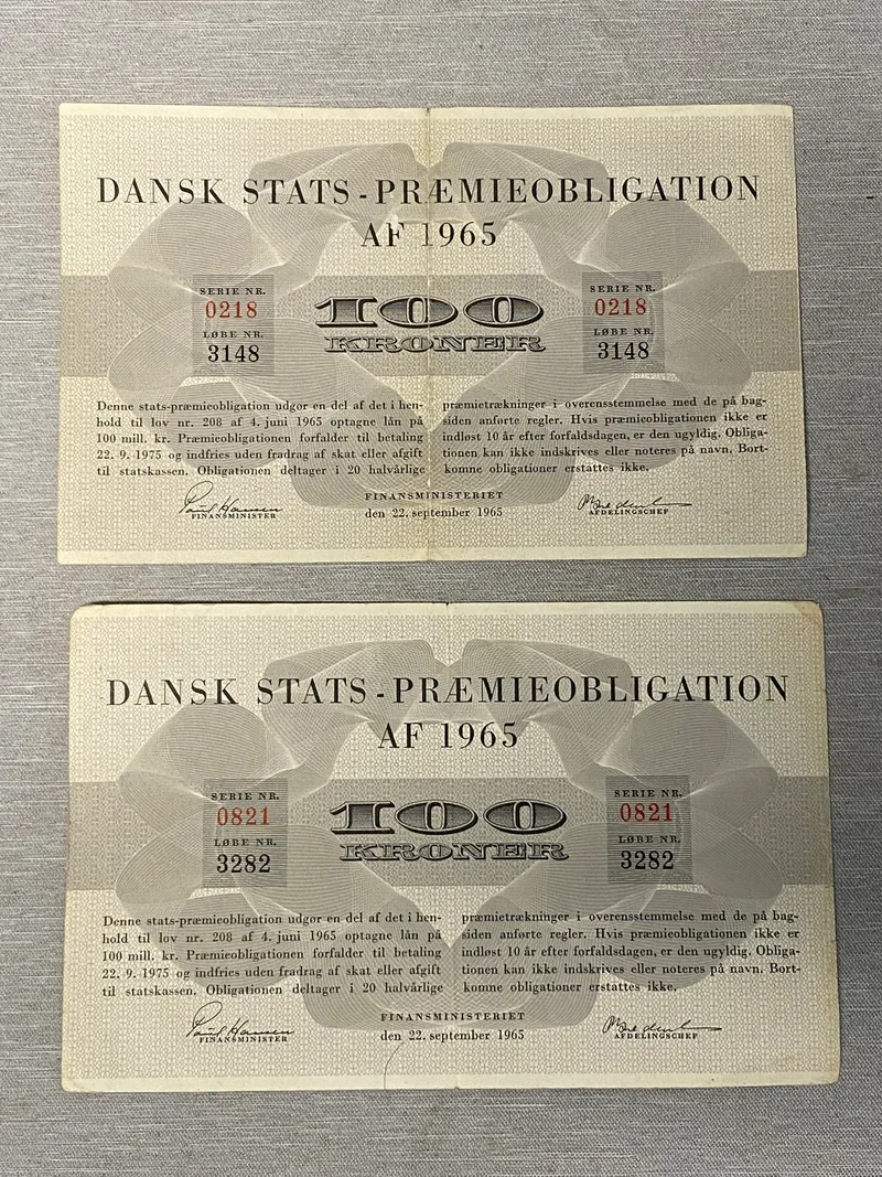 To stk originale danske præmie obligationer