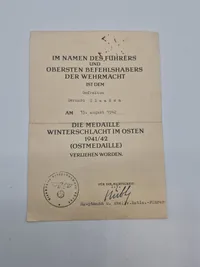 Originalt urkunde til Østfrontmedalje