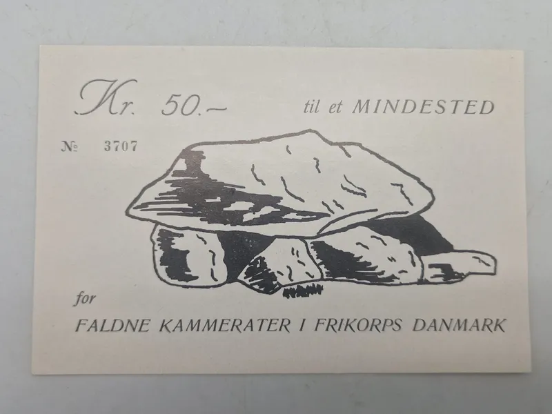 Sjælden original 50 kroners anvisning man kunne købe og hermed give støtte til en Frikorps Danmark mindehøj