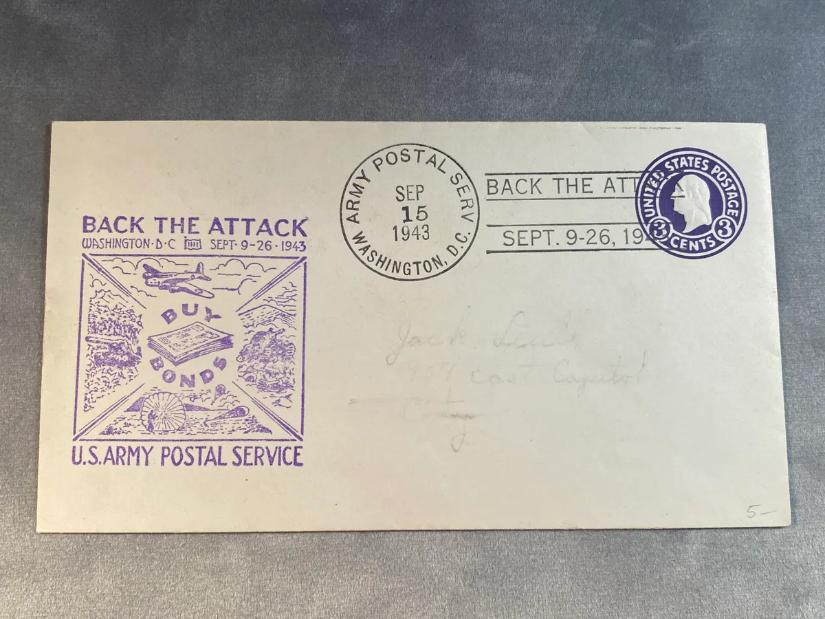 Original amerikansk førstedagskuvert fra 1943 - bemærk reklamen for War Bonds