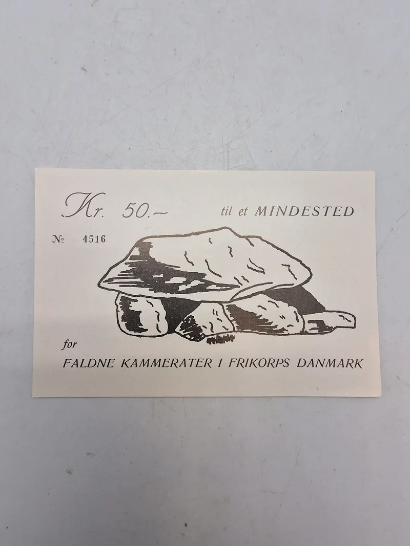 Sjælden original seddel fra lige efter ww2 man kunne købe og hermed bidrage til et mindested for frikorps Danmark 50kr