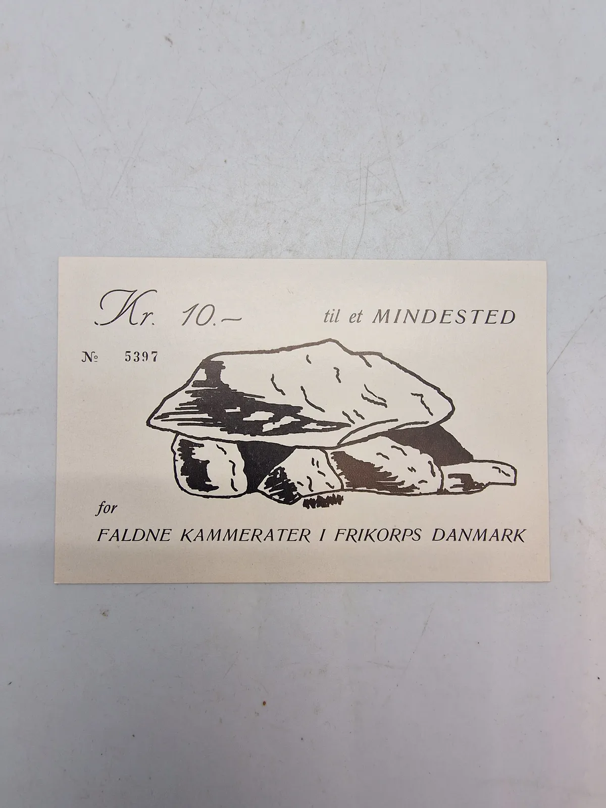 Sjælden original seddel fra lige efter ww2 man kunne købe og hermed bidrage til et mindested for frikorps Danmark 10 Kr