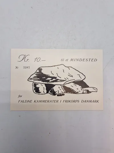 Sjælden original seddel fra lige efter ww2 man kunne købe og hermed bidrage til et mindested for frikorps Danmark 10 Kr