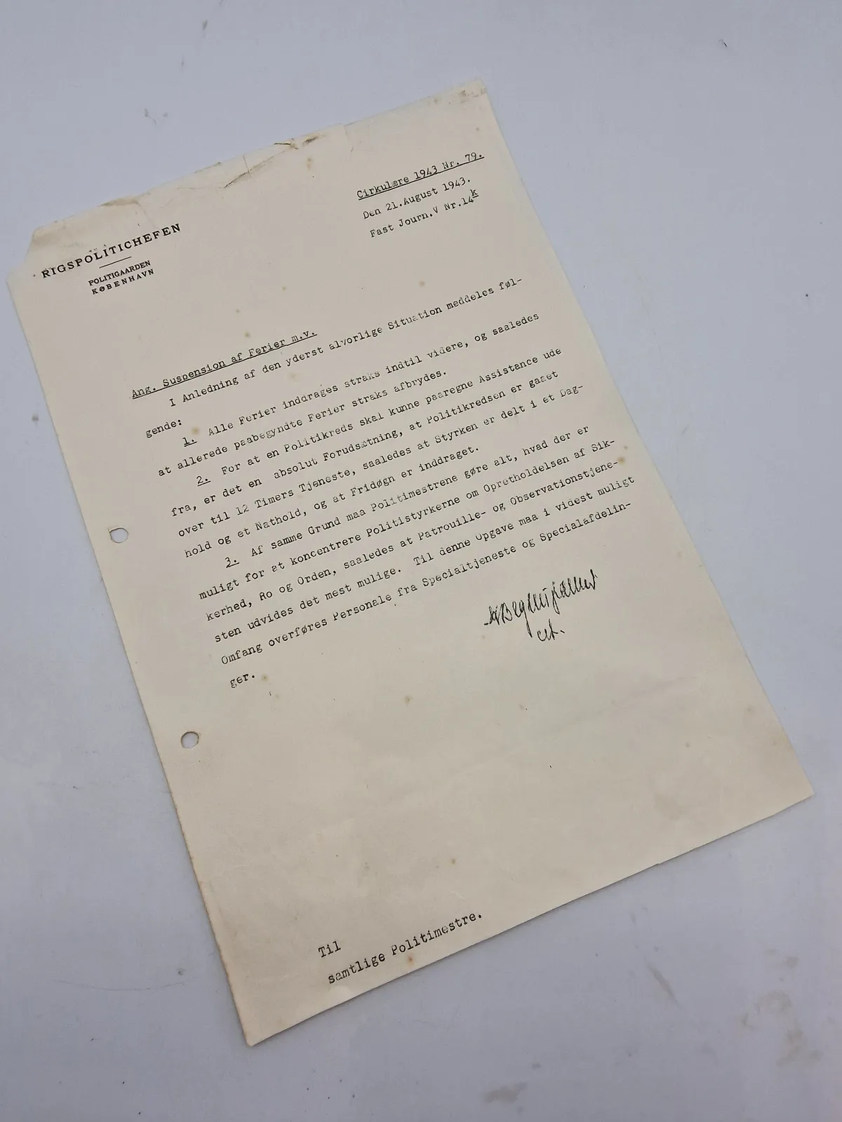 Original politi cirkulære fra 1943