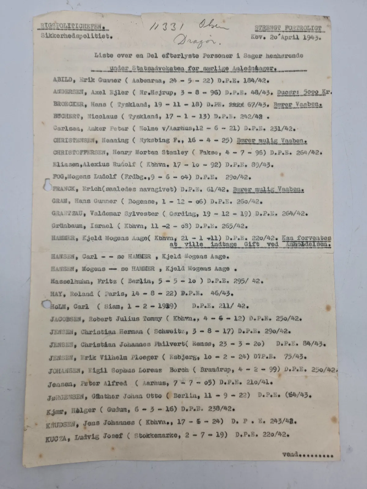Ekstremt sjælden dansk anholdelses liste fra ww2 hvor flere kommunister optræder på. 
Bemærk at Mogens Fog også står på under efterlyste