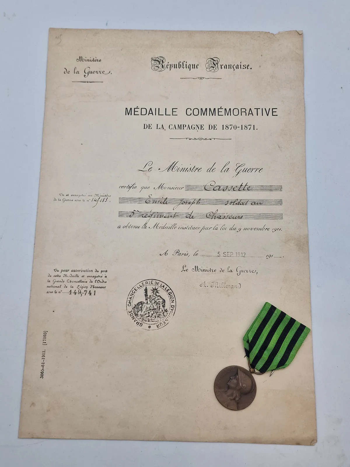 Original Fransk  WAR 1870-1871 COMMEMORATIVE MEDAL med papirer