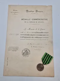 Original Fransk  WAR 1870-1871 COMMEMORATIVE MEDAL med papirer
