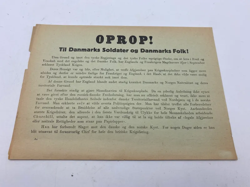 Originalt tysk Oprop! Nedkastet over Danmark 9 april 1940