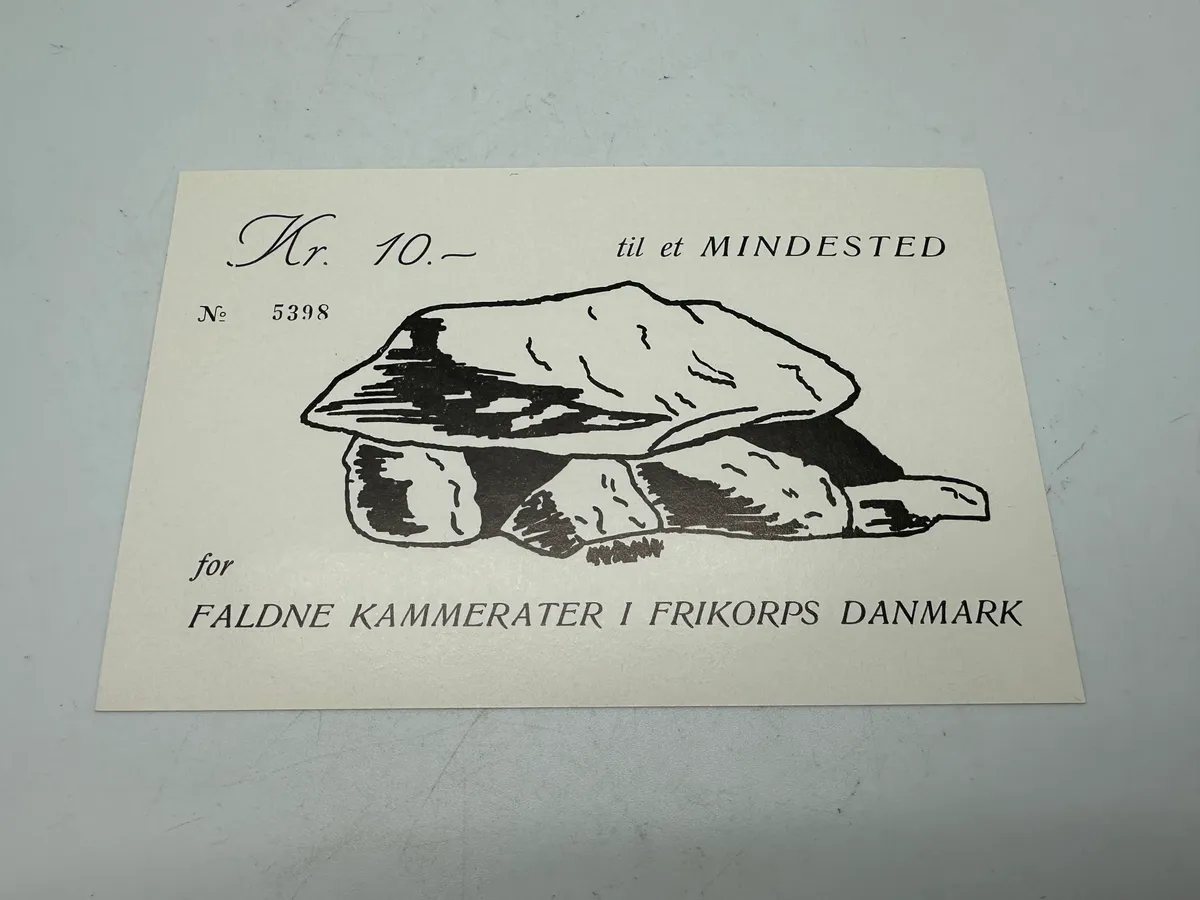 Original 10 kr donations seddel fra Frikorps Danmarks mindehøj, sjælden
