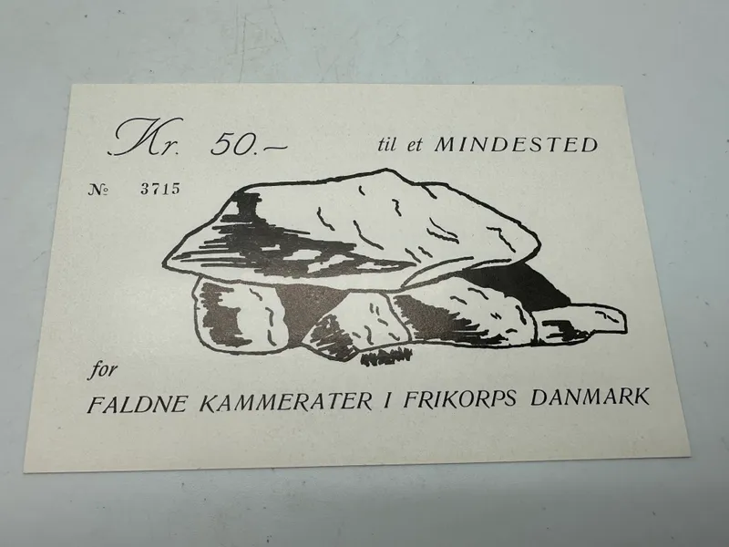 Original 50 kr donations seddel fra Frikorps Danmarks mindehøj, sjælden