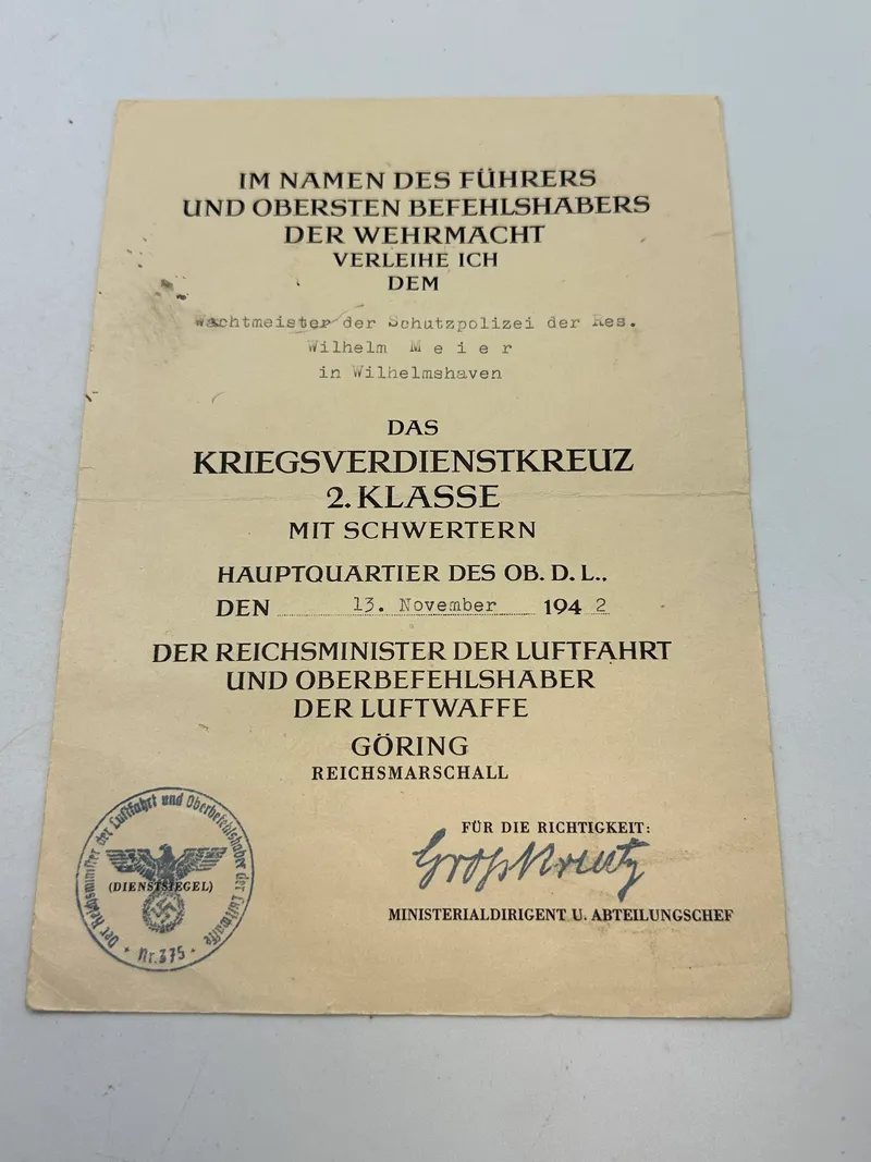 Originalt urkunde for KVK (Schützpolezei)