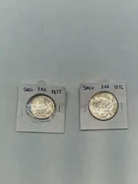 To stk originale danske sølvmønter 1 & 2 krone (1875-1876)