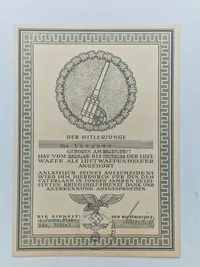 Originalt tysk Hitler jugend flak urkunde