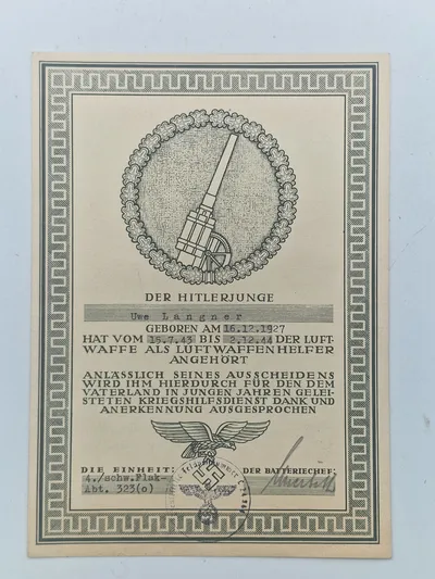 Originalt tysk Hitler jugend flak urkunde