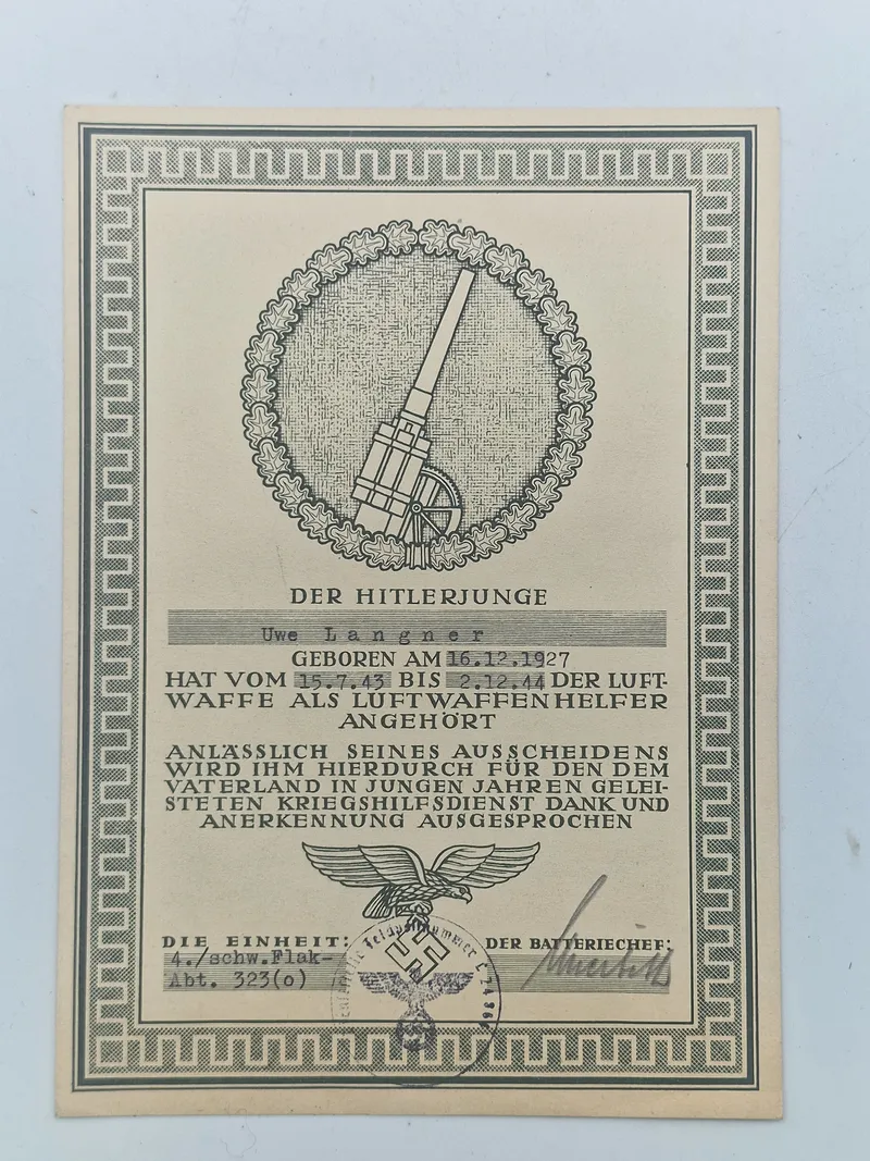 Originalt tysk Hitler jugend flak urkunde