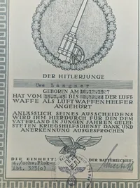 Originalt tysk Hitler jugend flak urkunde