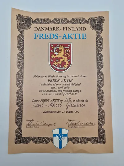 Danmark - Finland freds aktie - udstedt ifbm en mindehøjtidelighed for at ære de danskere der deltog i finlandskrigen