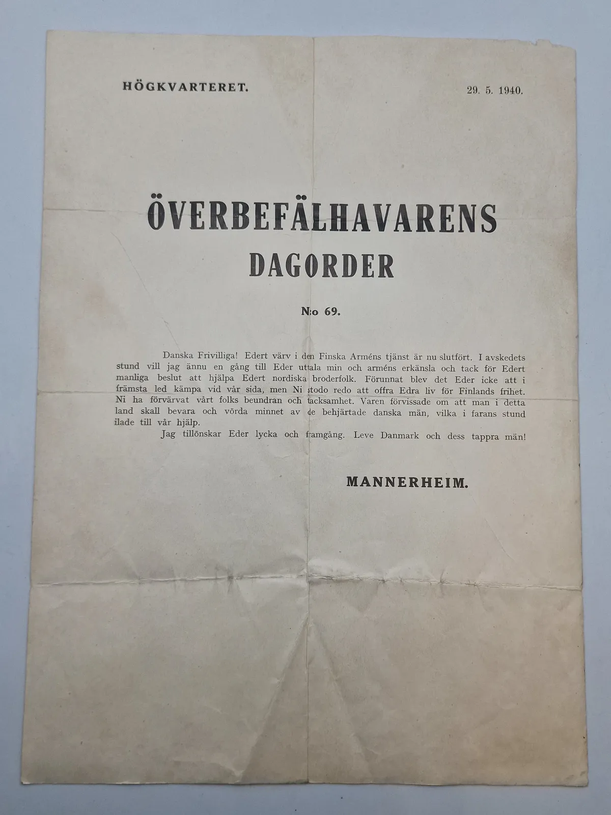 Originalt eksemplar af Överbefälhavarens Dagorder nr 60, 9.5.1940 (Ylipäällikön Päiväkäsky) Finland WW2