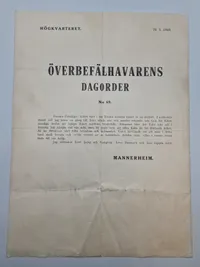 Originalt eksemplar af Överbefälhavarens Dagorder nr 60, 9.5.1940 (Ylipäällikön Päiväkäsky) Finland WW2