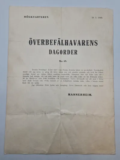Originalt eksemplar af Överbefälhavarens Dagorder nr 60, 9.5.1940 (Ylipäällikön Päiväkäsky) Finland WW2