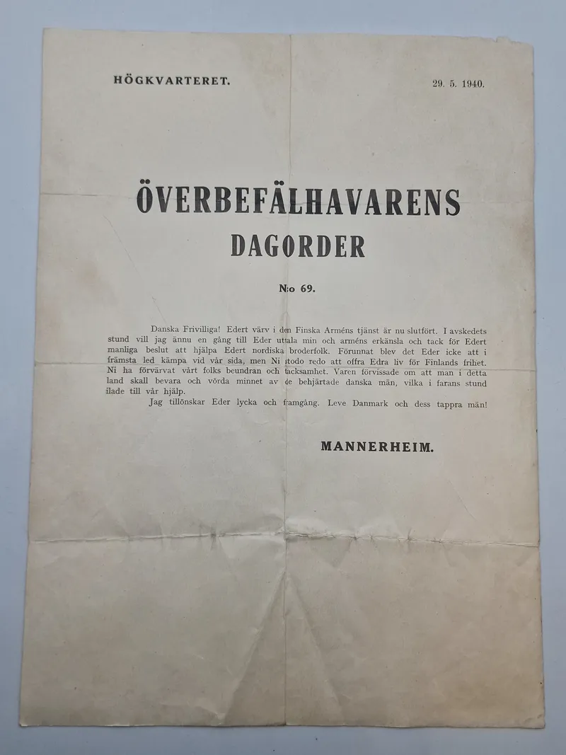 Originalt eksemplar af Överbefälhavarens Dagorder nr 60, 9.5.1940 (Ylipäällikön Päiväkäsky) Finland WW2