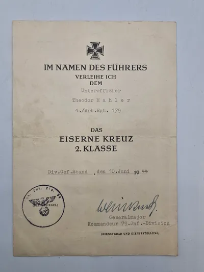 Originalt urkunde på Jernkors af 2.kl