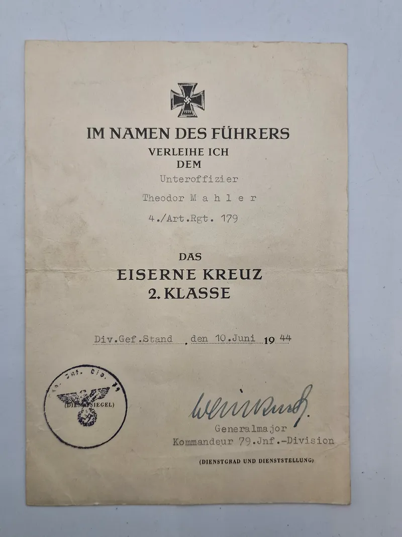 Originalt urkunde på Jernkors af 2.kl