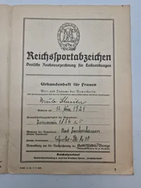 Originalt urkunde på reichsportsabceichen - ww2 (kvinde)