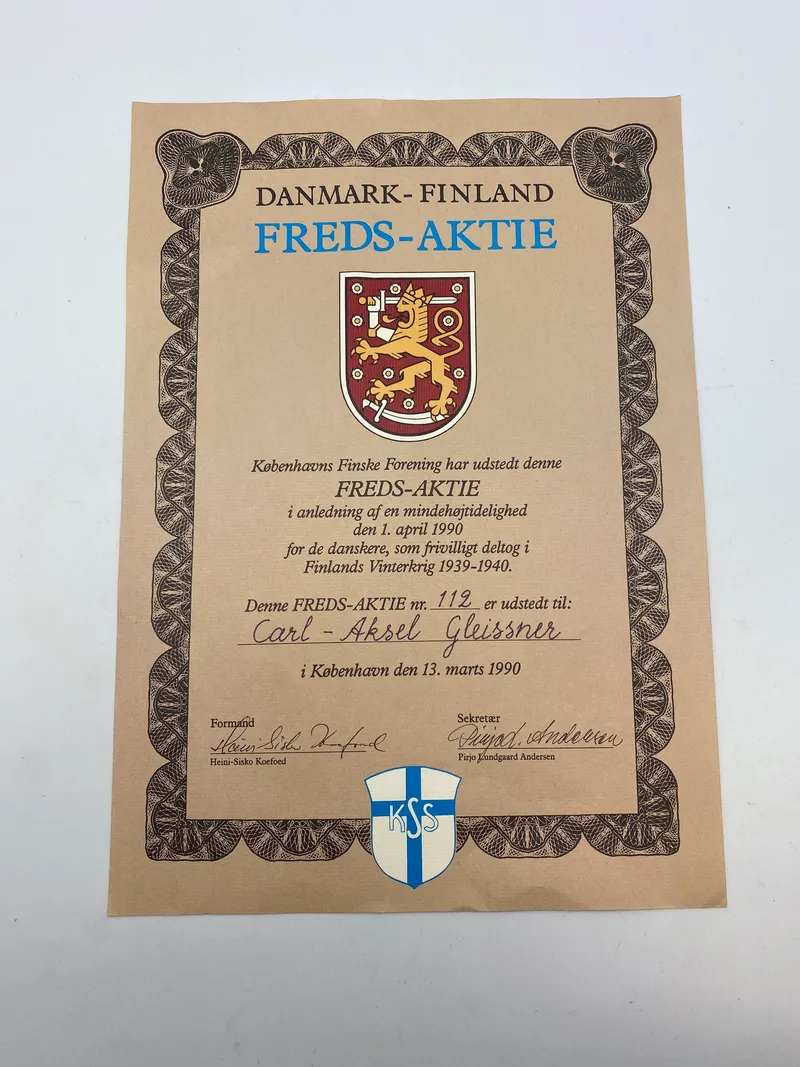 Original Dansk-Finsk freds aktie tildelt finlandsfrivillig og forfatter Carl-Axel Gleissner