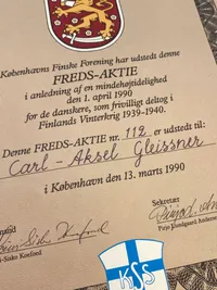 Original Dansk-Finsk freds aktie tildelt finlandsfrivillig og forfatter Carl-Axel Gleissner