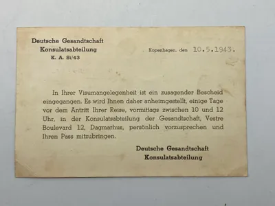 Originalt brev afsendt 1943 fra Dagmarhus til dansk borger i Holte mhp visum