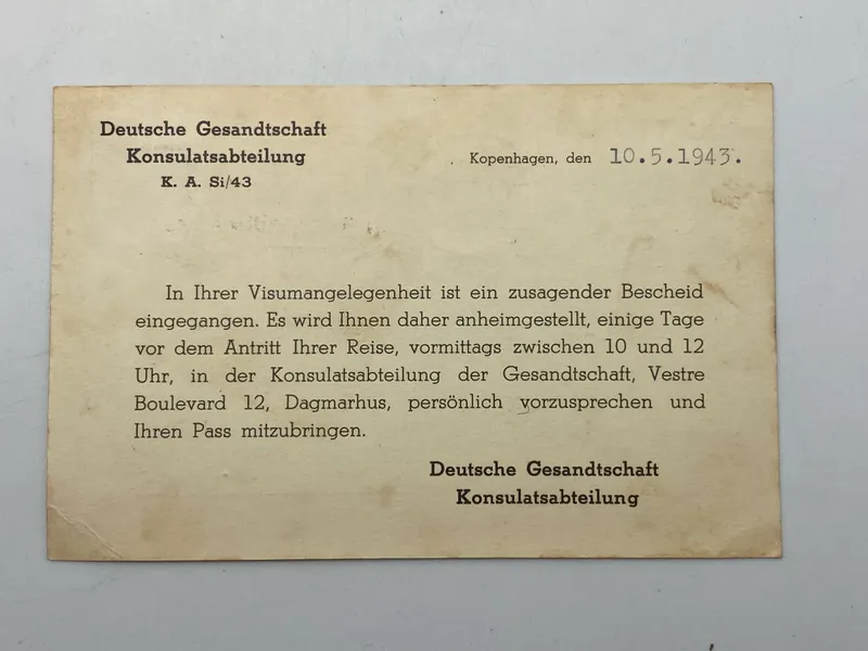 Originalt brev afsendt 1943 fra Dagmarhus til dansk borger i Holte mhp visum