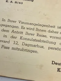 Originalt brev afsendt 1943 fra Dagmarhus til dansk borger i Holte mhp visum