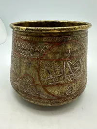 Original A 18th Century Silver Embellished and Inscribed Islamic Brass Bowl: Damascus, Syria.