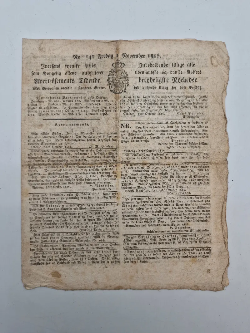 Gammel avis fra 1816